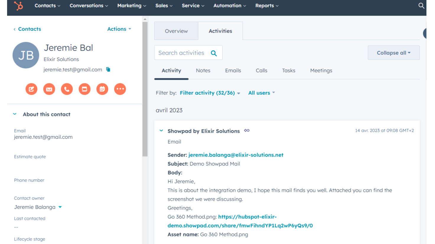 Add Showpad share activity to a contact's timeline